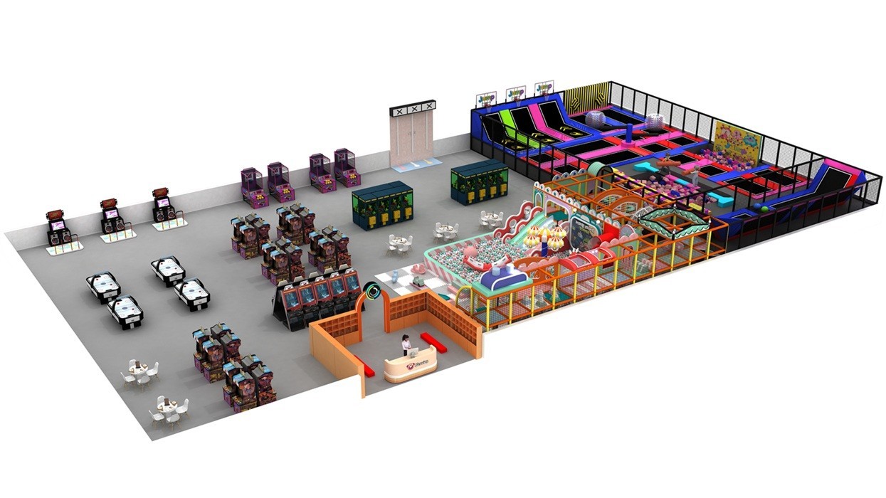 Indoor amusement park layout with arcade games and play area.