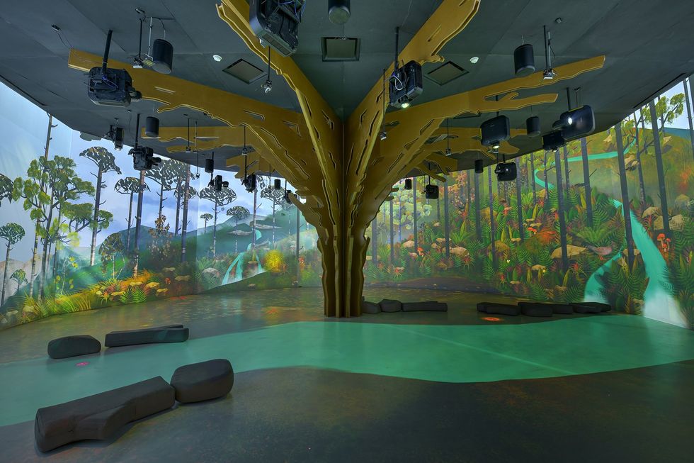 Indoor forest-themed room with a central tree structure and vibrant wall murals.