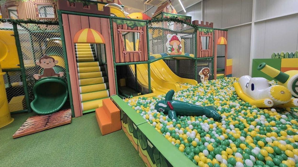 Indoor jungle-themed play area with slides and a colorful ball pit.