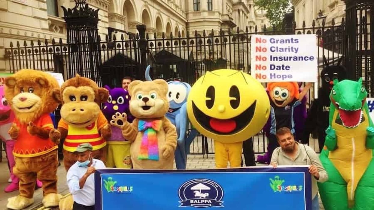 Indoor Play Mascots protesting outside Downing Street