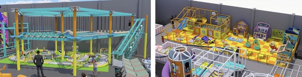 Indoor playground area with a rope course and colorful play structures for kids.