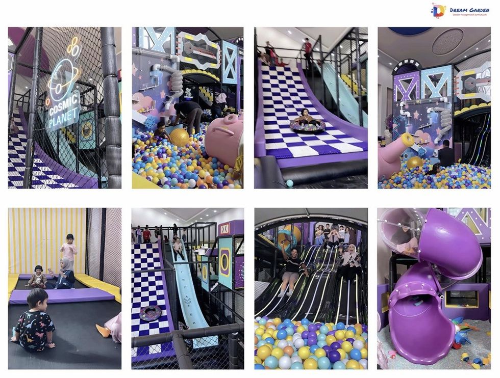 Indoor playground with slides, ball pits, and climbing structures in vibrant colors.