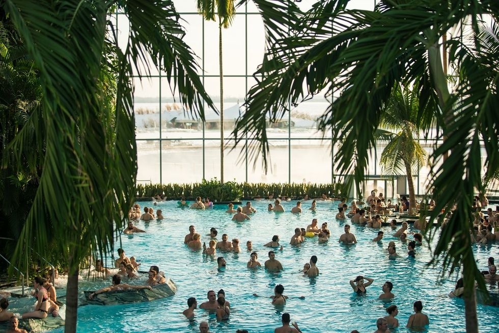 Indoor pool with many people swimming, surrounded by tropical plants.