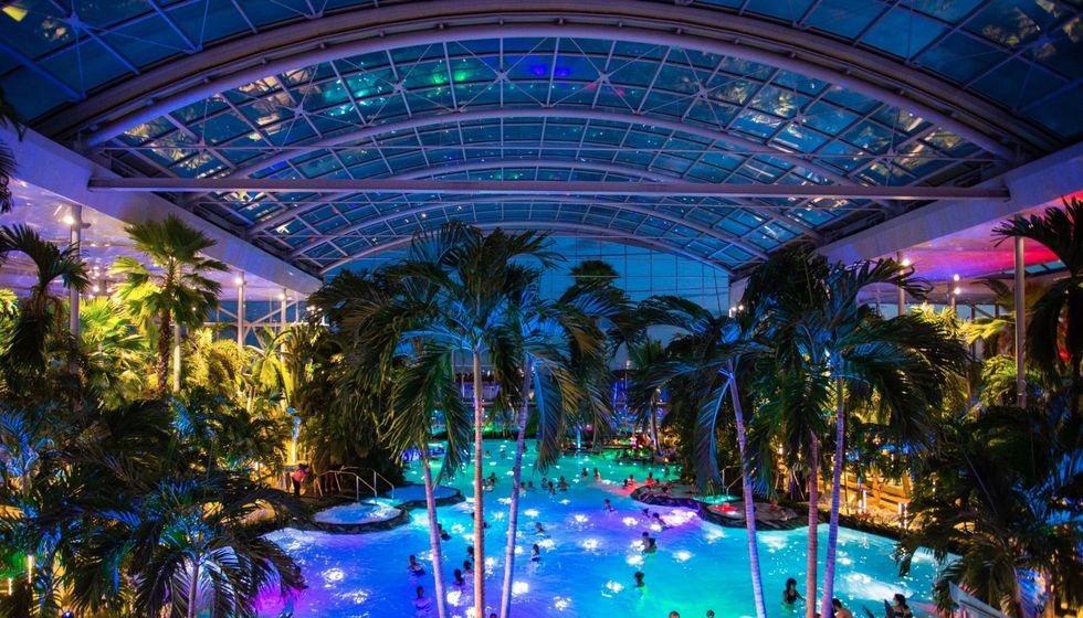 Indoor tropical pool with palm trees and colorful lighting at night at Therme