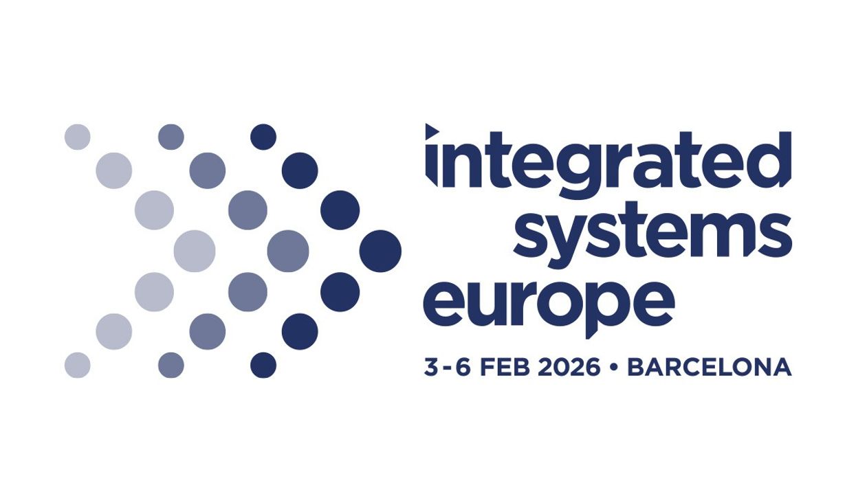 Integrated Systems Europe 2026 logo with gradient dots, event dates, and location in Barcelona.