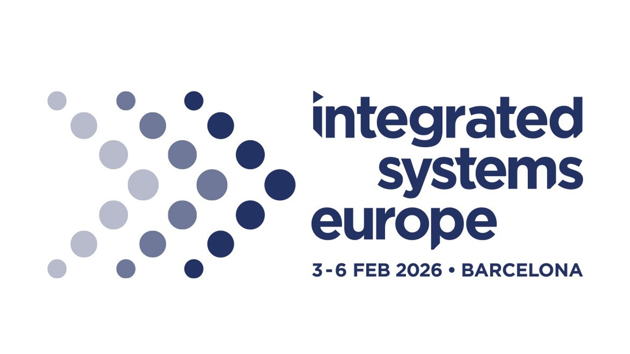 Integrated Systems Europe 2026 logo with gradient dots, event dates, and location in Barcelona.