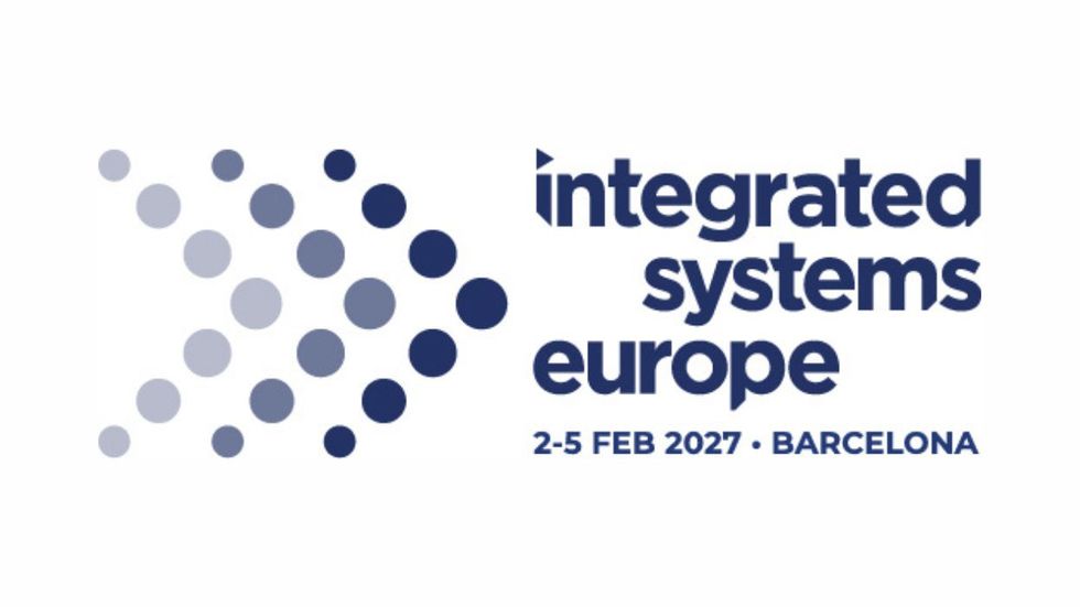Integrated Systems Europe 2027 logo with gradient circles and event dates in Barcelona.