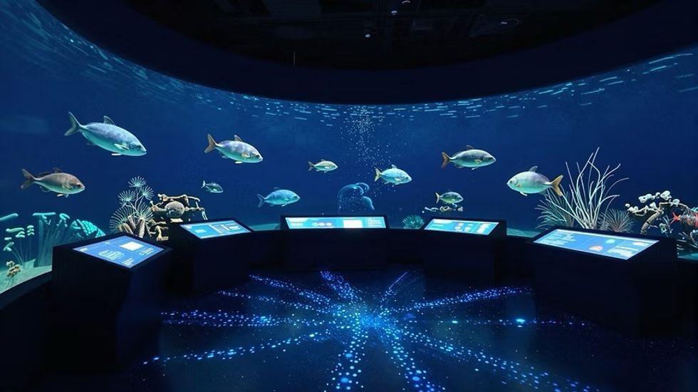 Interactive aquarium with fish displays and digital panels in a darkened room. Ocean\u00c9ire concept art