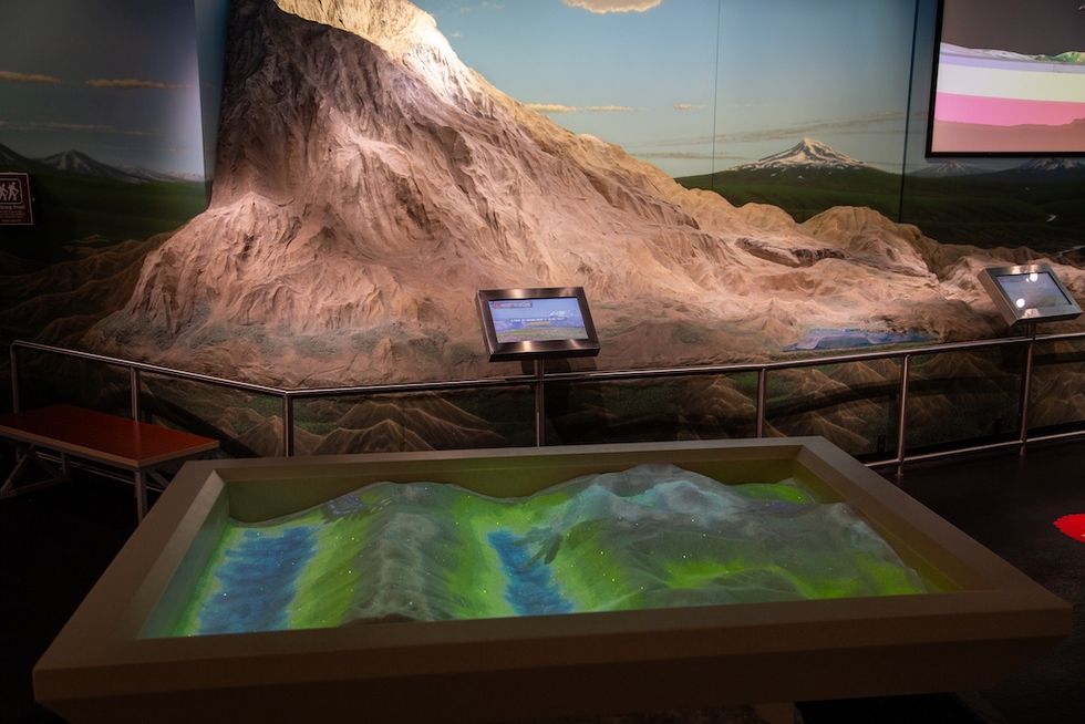 Interactive digital sandbox with mountain terrain display in a museum exhibition.