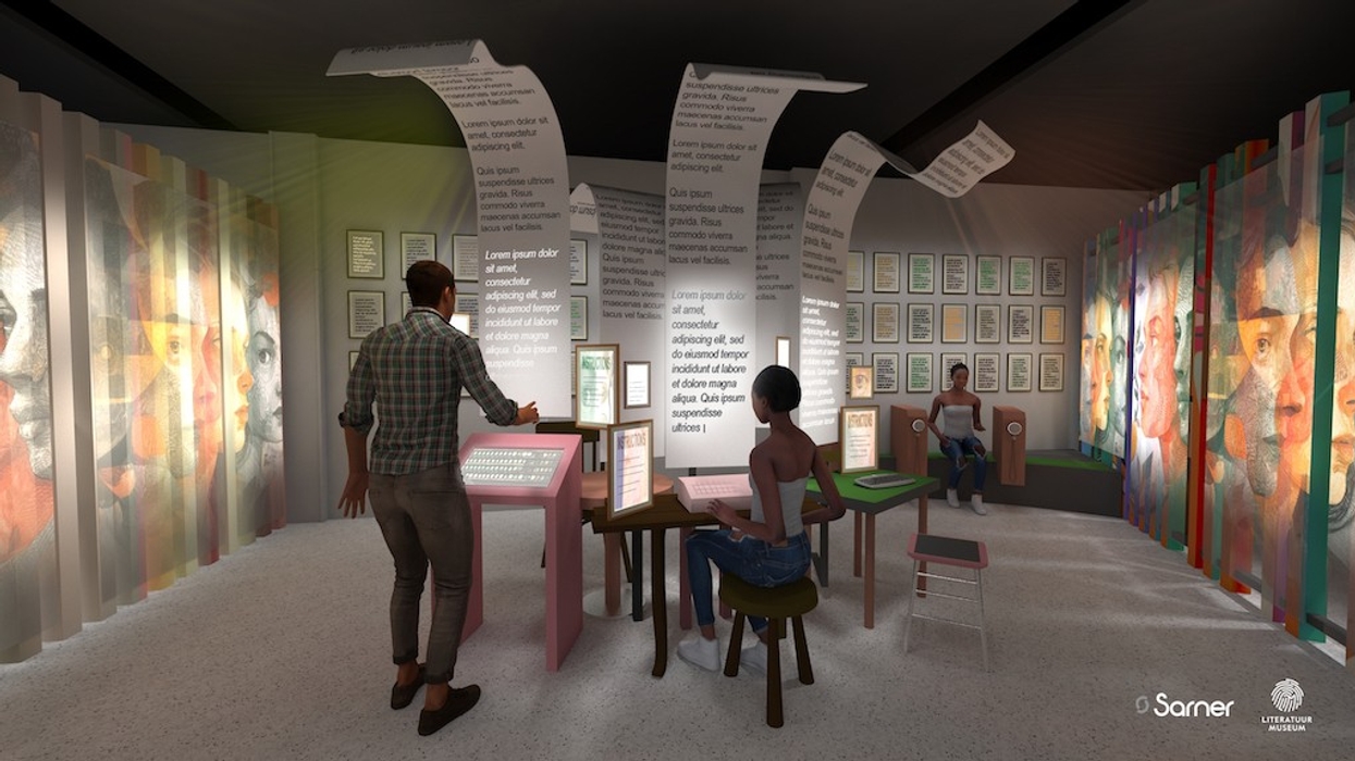 Interactive museum exhibit with digital displays and colorful, abstract portraits.