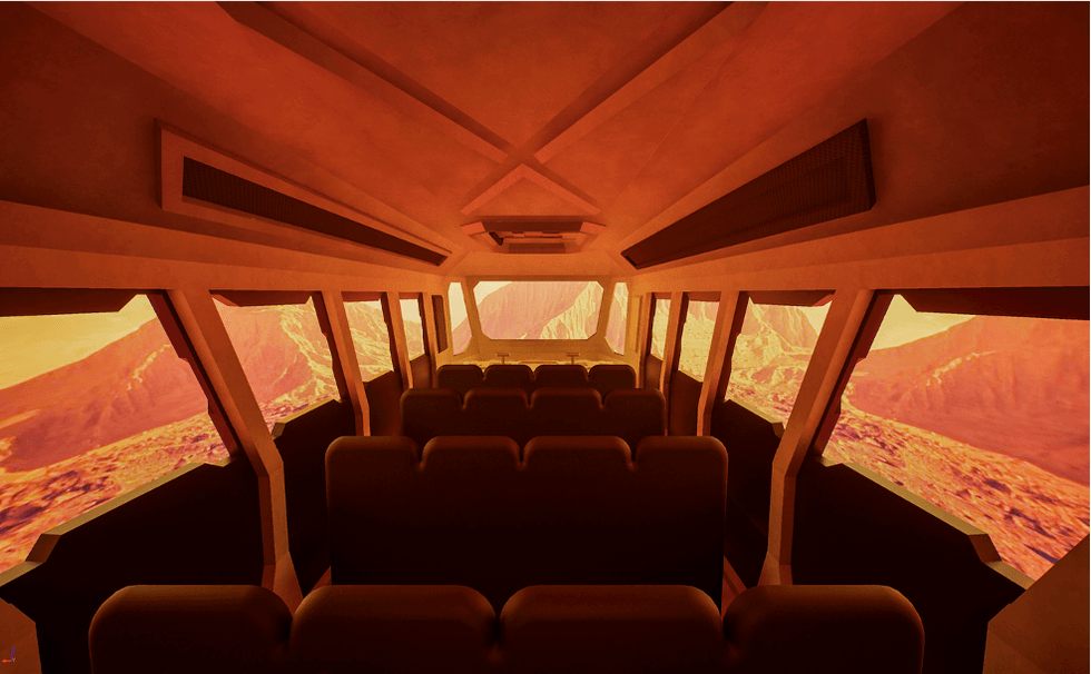 Interior of a futuristic vehicle with Mars-like landscape outside the windows.