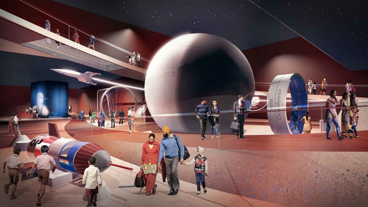 interior of new science centre in india with rocket and planets