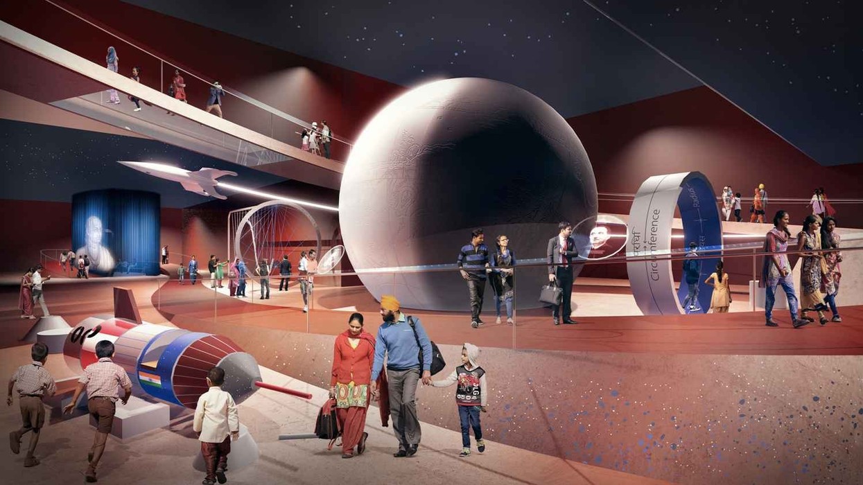 interior of new science centre in india with rocket and planets