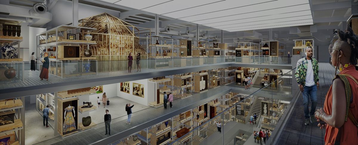 Internal render view of the central collection hall in V&A East Storehouse, designed by Diller Scofidio + Renfro, 2021