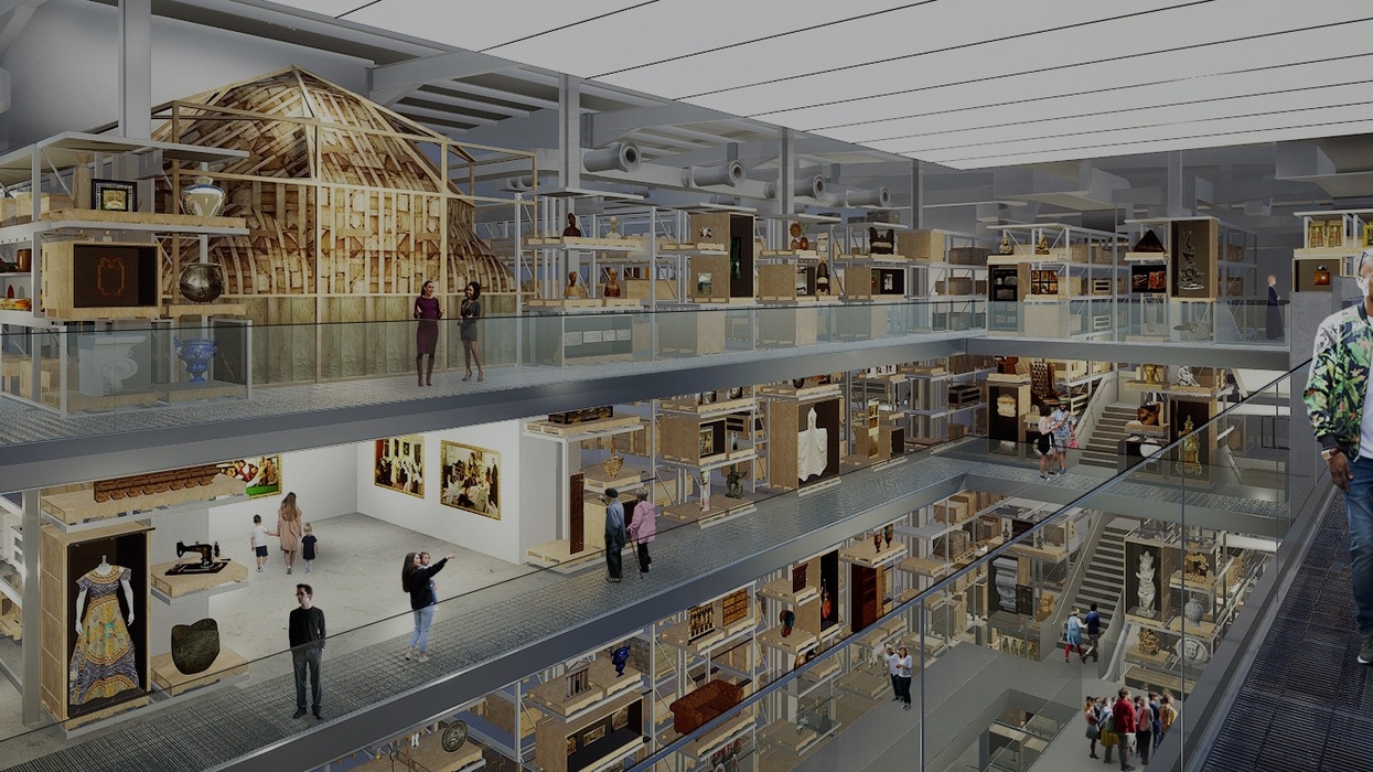 Internal render view of the central collection hall in V&A East Storehouse, designed by Diller Scofidio + Renfro, 2021