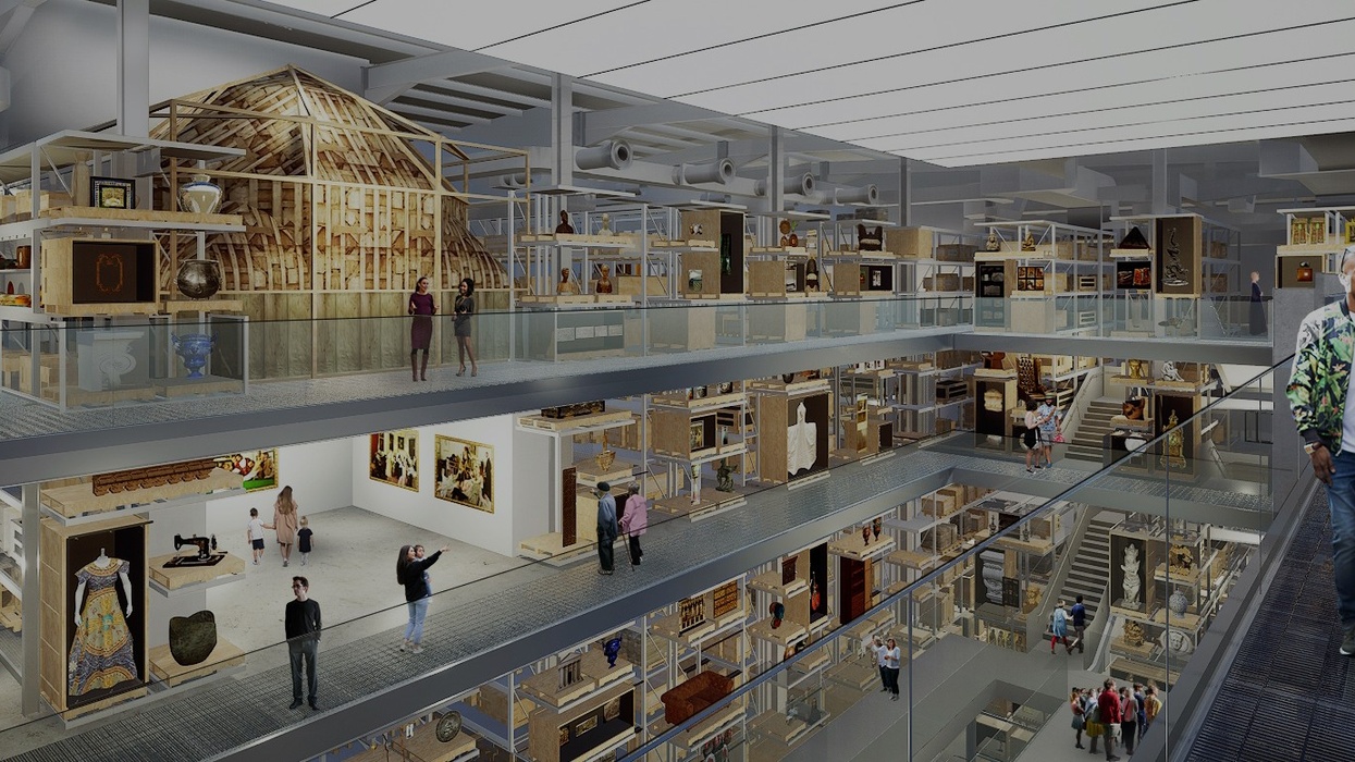 Internal render view of the central collection hall in V&A East Storehouse, designed by Diller Scofidio + Renfro, 2021