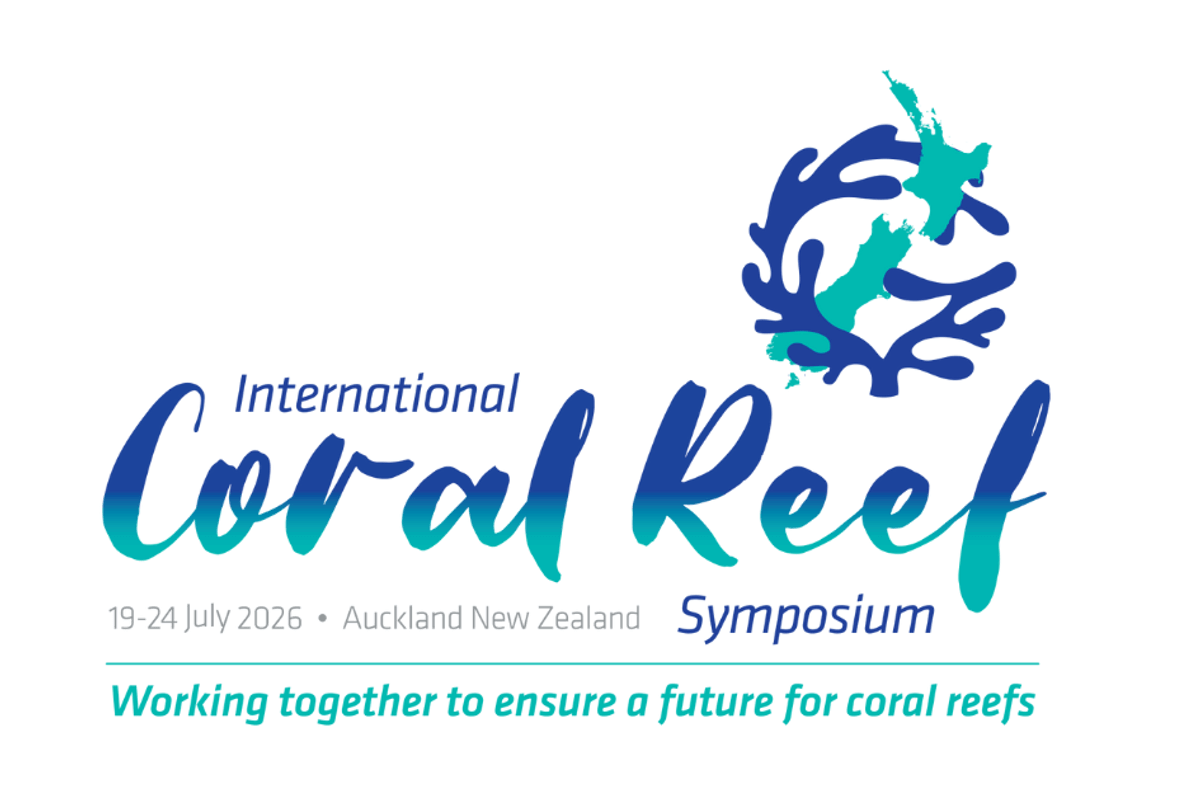 International Coral Reef Symposium logo with New Zealand map and event details.