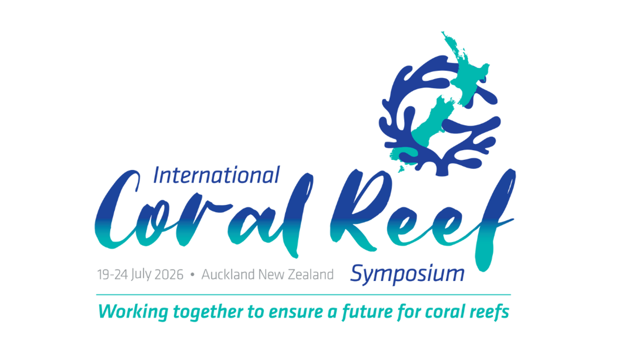 International Coral Reef Symposium logo with New Zealand map and event details.