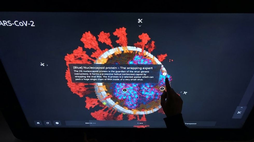Interspectral corona exhibit finger interacting with a sarscov2 3d model on a touch table