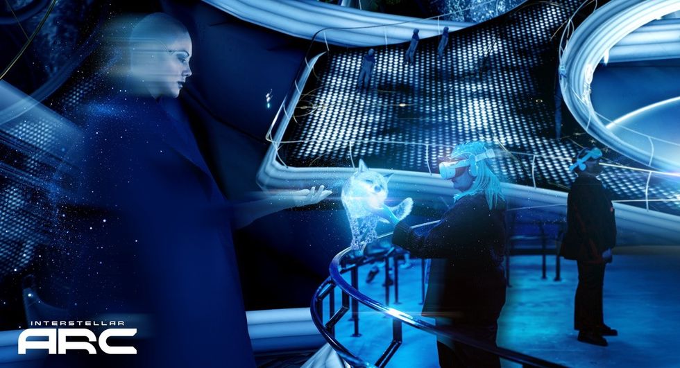 Interstellar Arc Futuristic scene with holographic figures and virtual reality interaction in blue light.