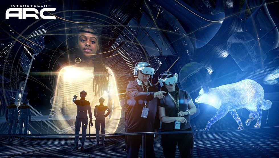 Interstellar Arc Futuristic scene with VR users, a holographic animal, and a large digital human figure.