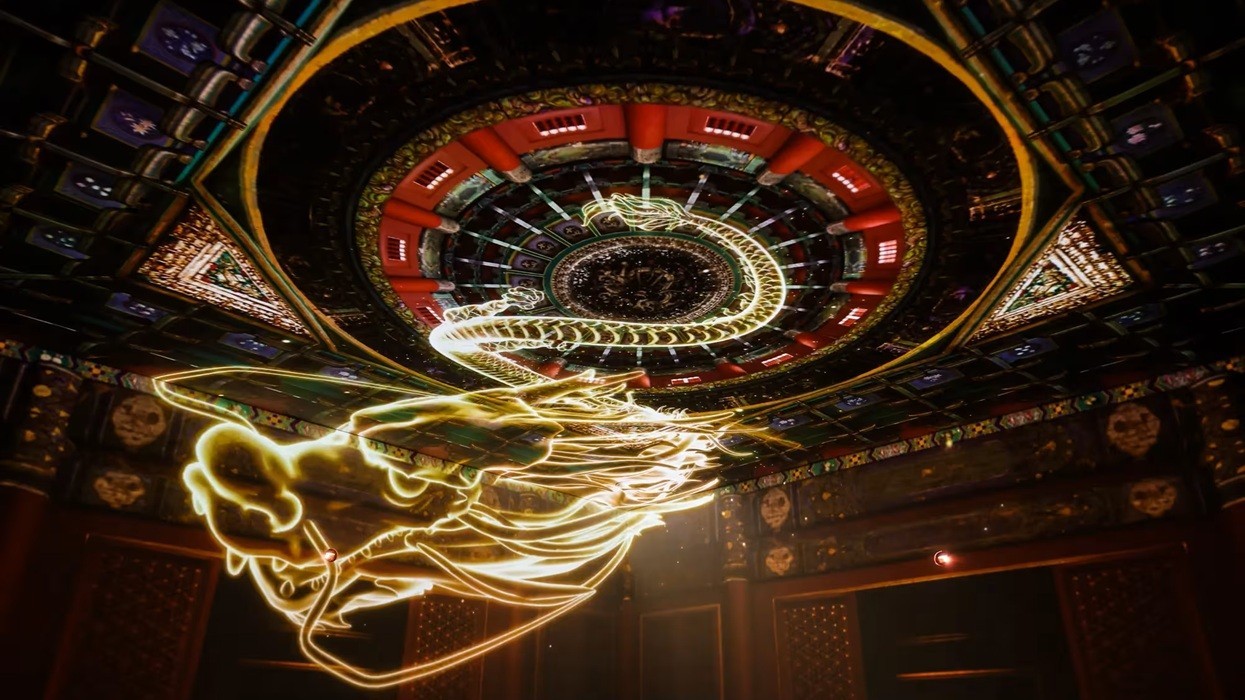 Intricate ceiling with glowing dragon design and ornate circular framework.