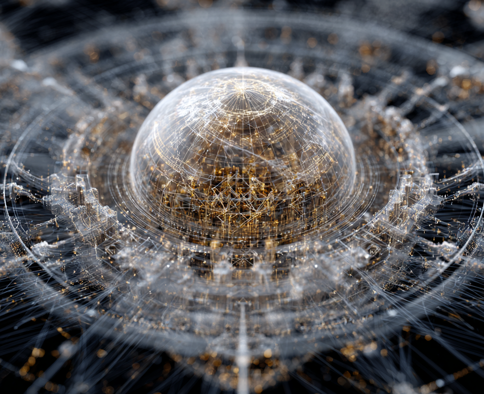 Intricate digital network sphere with golden nodes and complex connections.