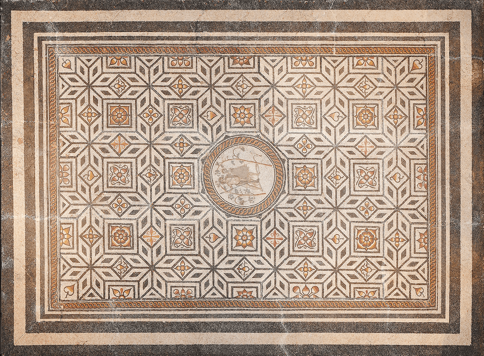 Intricate geometric floor mosaic with central circular motif and floral patterns.