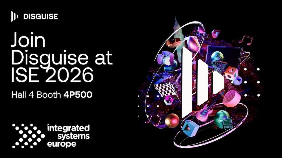 Invitation for Disguise at ISE 2026, Hall 4, Booth 4P500, with abstract shapes in the background.