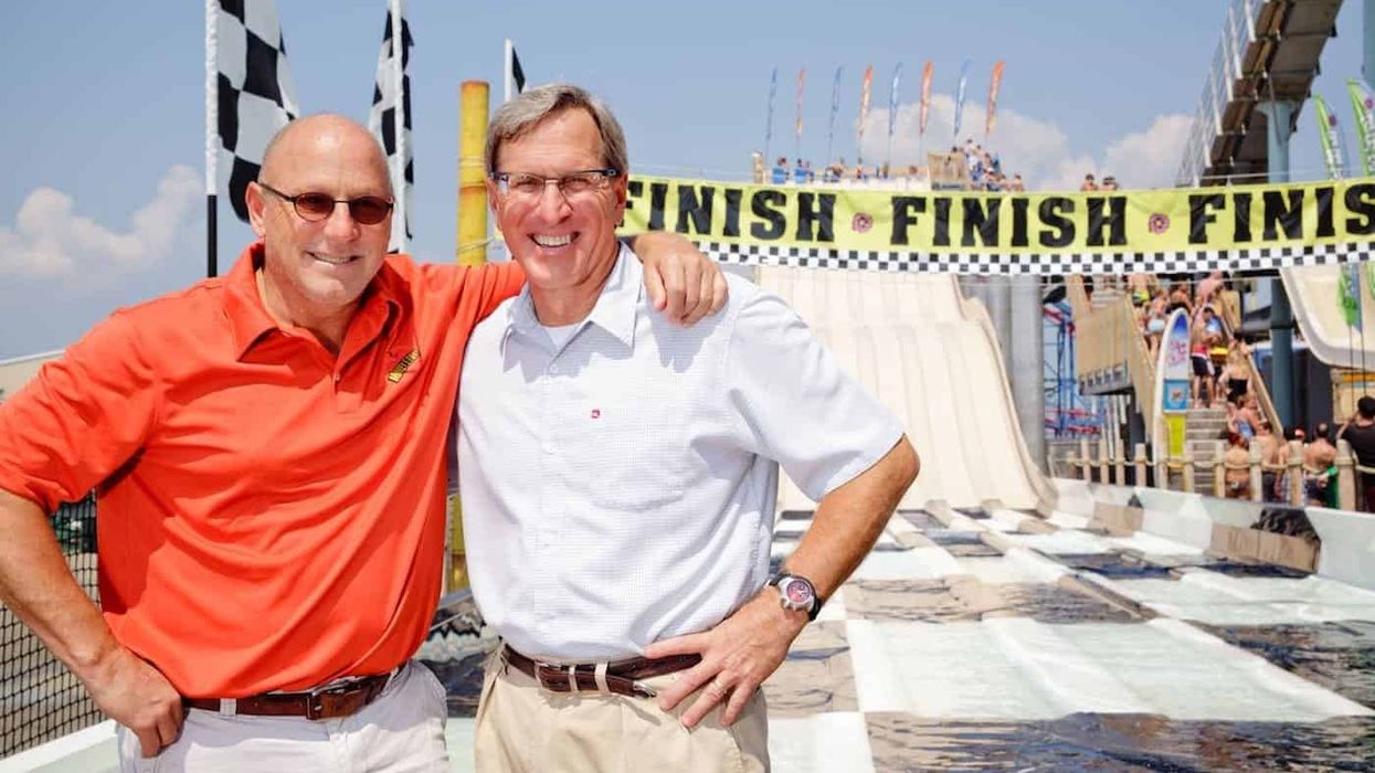 jack and will morey at the finish line, Moreys piers Blooloop