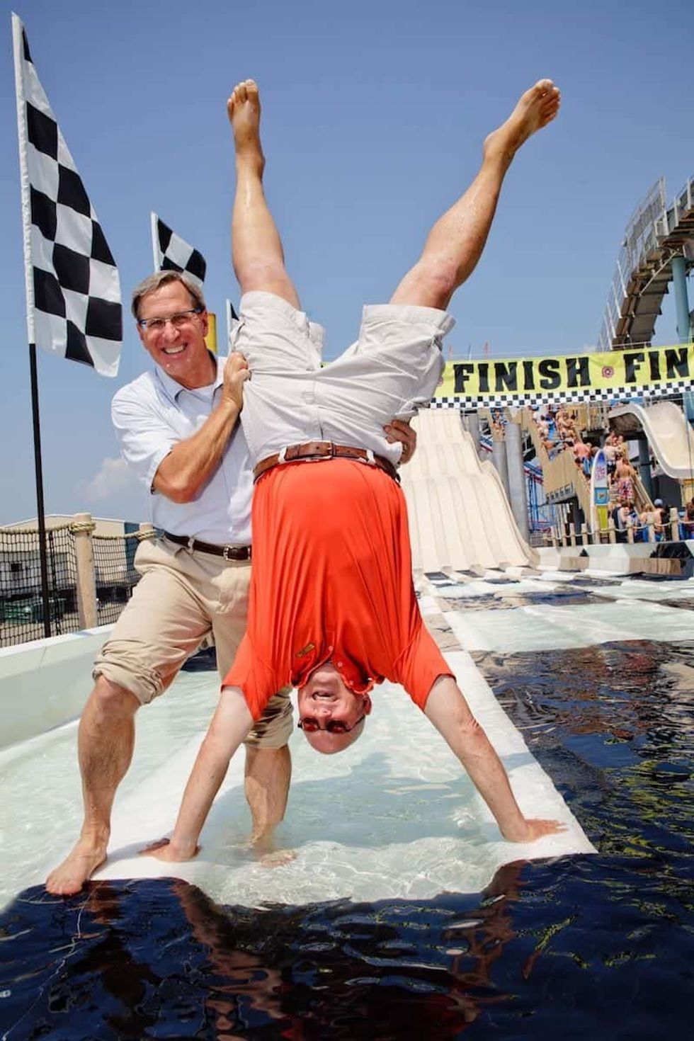 jack and will morey at the finish line, Moreys piers Blooloop