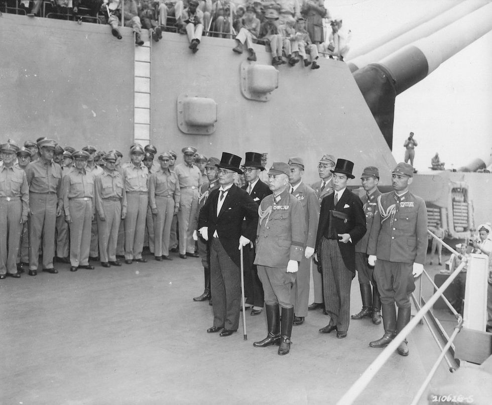 Japanese surrender signatories arrive aboard the USS Missouri in Tokyo Bay, September 2, 1945, to participate in surrender ceremonies