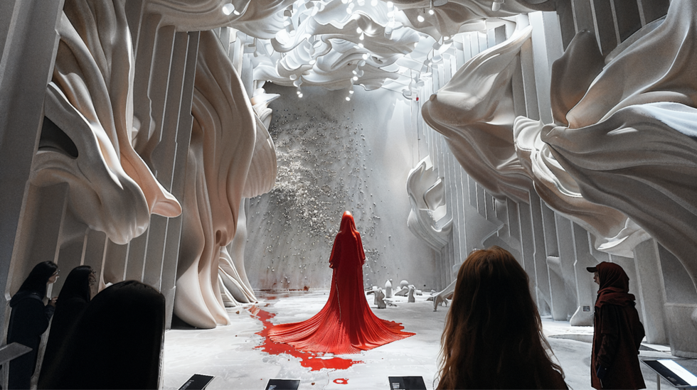 Jasmin Jodry concept art. Immersive experience depicting a pearlescent room with a figure draped in red standing in the center.
