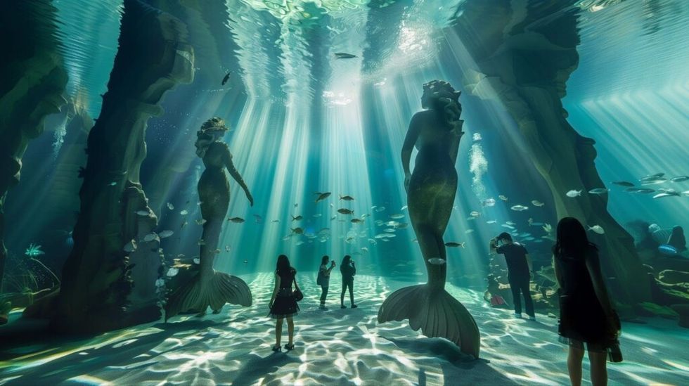 Jasmin Jodry immersive concept art of visitors exploring an underwater world with large statues of mermaids.