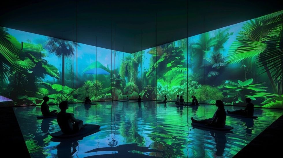 Jasmin Jodry Immersive wellness pool with a screen surrounding depicting a jungle scene.