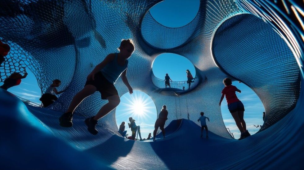 Jasmin Jodry. Silhouettes of people jumping on a net structure.