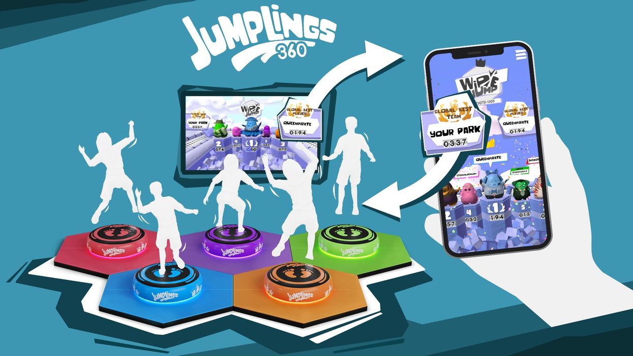 Jumping platforms and screens displaying a game linked to a mobile app.