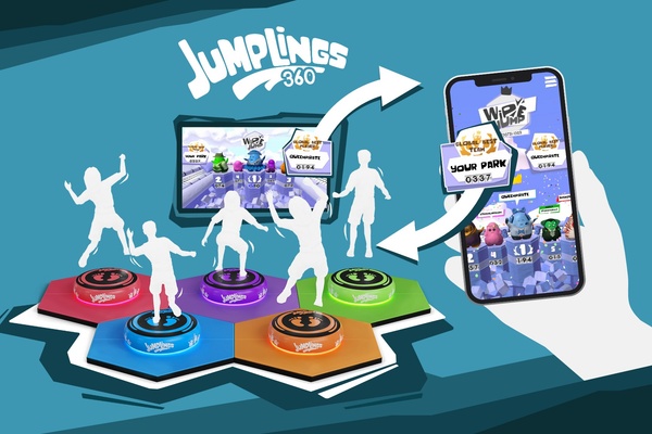 Jumping platforms and screens displaying a game linked to a mobile app.
