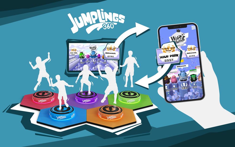 Jumping platforms and screens displaying a game linked to a mobile app.