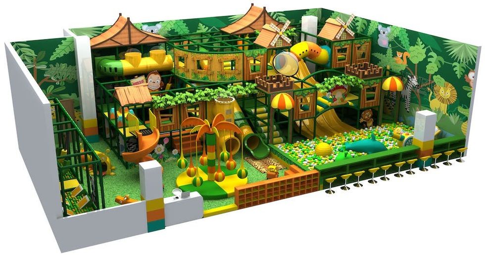 Jungle-themed indoor playground with slides, tunnels, and ball pit.