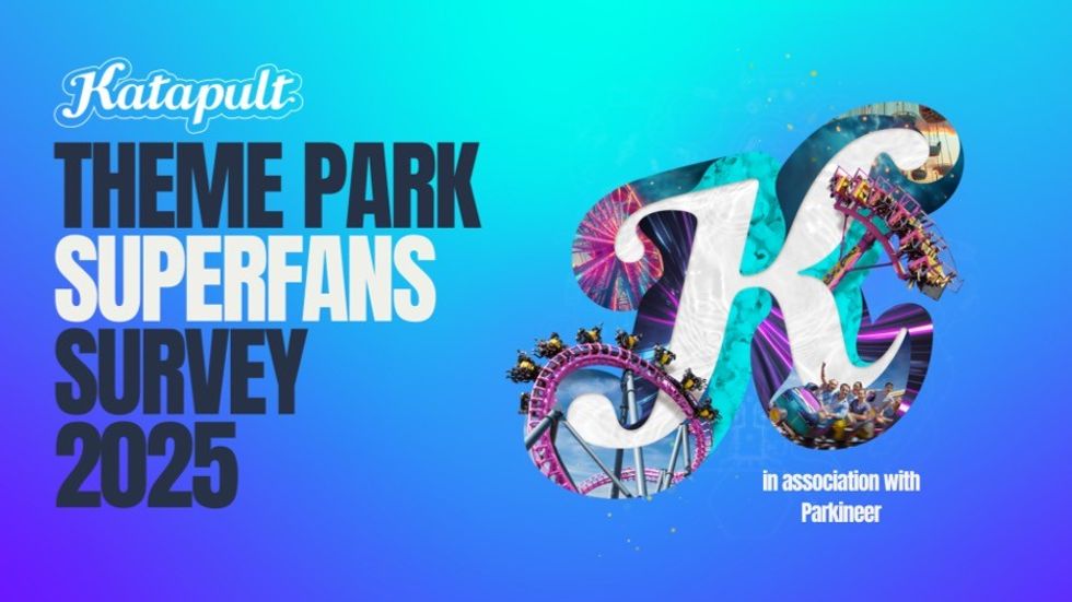 "Katapult Theme Park Superfans Survey 2025, blue background with a roller coaster collage."