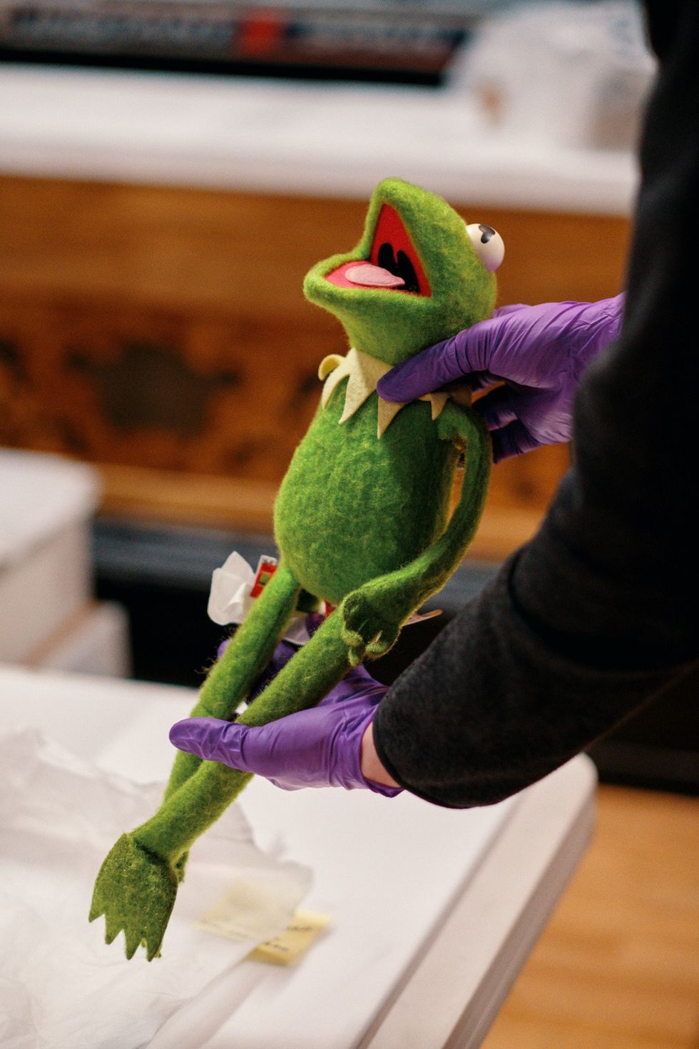 Kermit the Frog, 1976-1980, USA, original design by Jim Henson. Being packed ready to move into Young V&A’s Play Gallery. © Jamie Stoker Courtesy of Victoria and Albert Museum, London