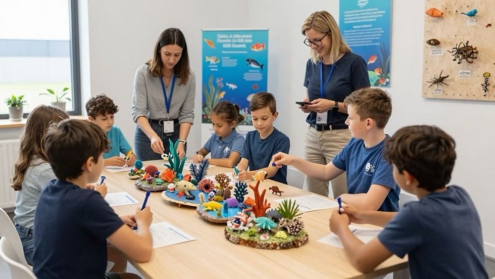 Kids and teachers learning about marine life with coral models in a classroom. Ocean\u00c9ire concept art
