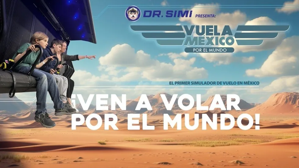 Kids on a flight simulator in a desert, with text promoting "Vuela M\u00e9xico."
