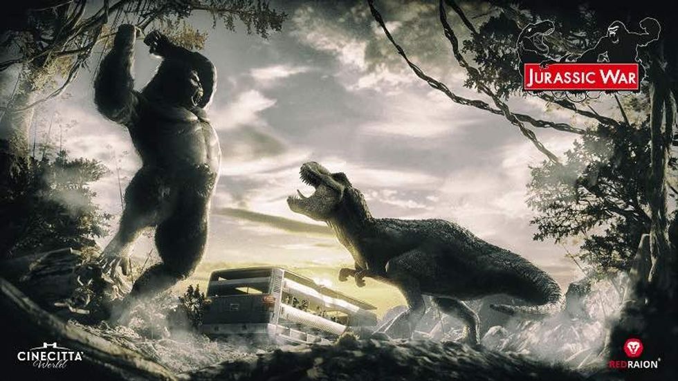 king kong and trex battle in jurassic war immersive tunnel experience at Cinecittà World