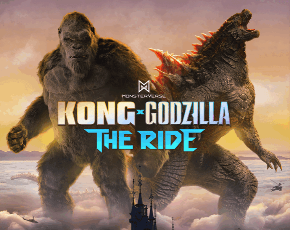 Kong and Godzilla against a cloudy sunset backdrop with "The Ride" text below them.