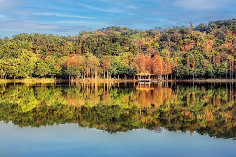 Lakeside gazebo surrounded by vibrant autumn trees, reflecting on calm water.
