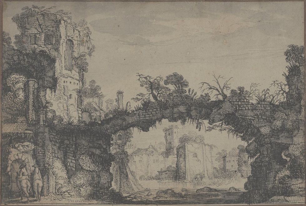 Landscape with Ruins, about 1615-1616 Jan van de Velde (Dutch, 1593-1641) Black ink with gray wash 12.4 × 18.4 cm (4 7:8 ×7 1:4 in.) Getty Museum 2020