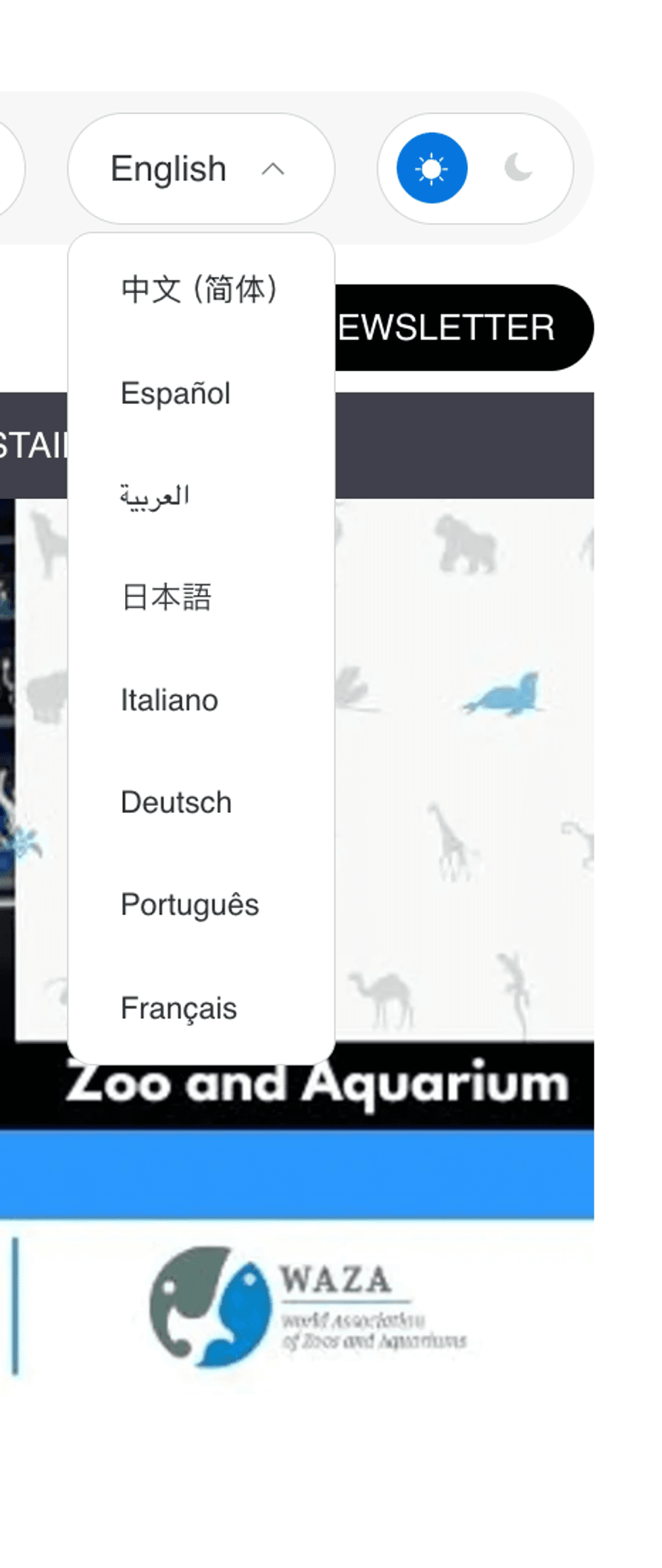 Language selection menu on blooloop website with eight options displayed.