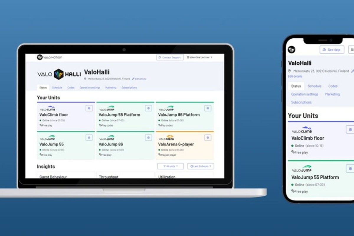 Laptop and phone displaying ValoHalli dashboard with unit statuses.